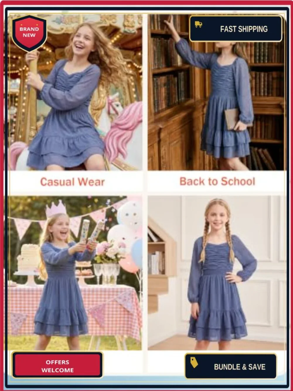 Girls Swiss Dot Chiffon Ruffle A-Line Dress Long Sleeve Party Birthday
